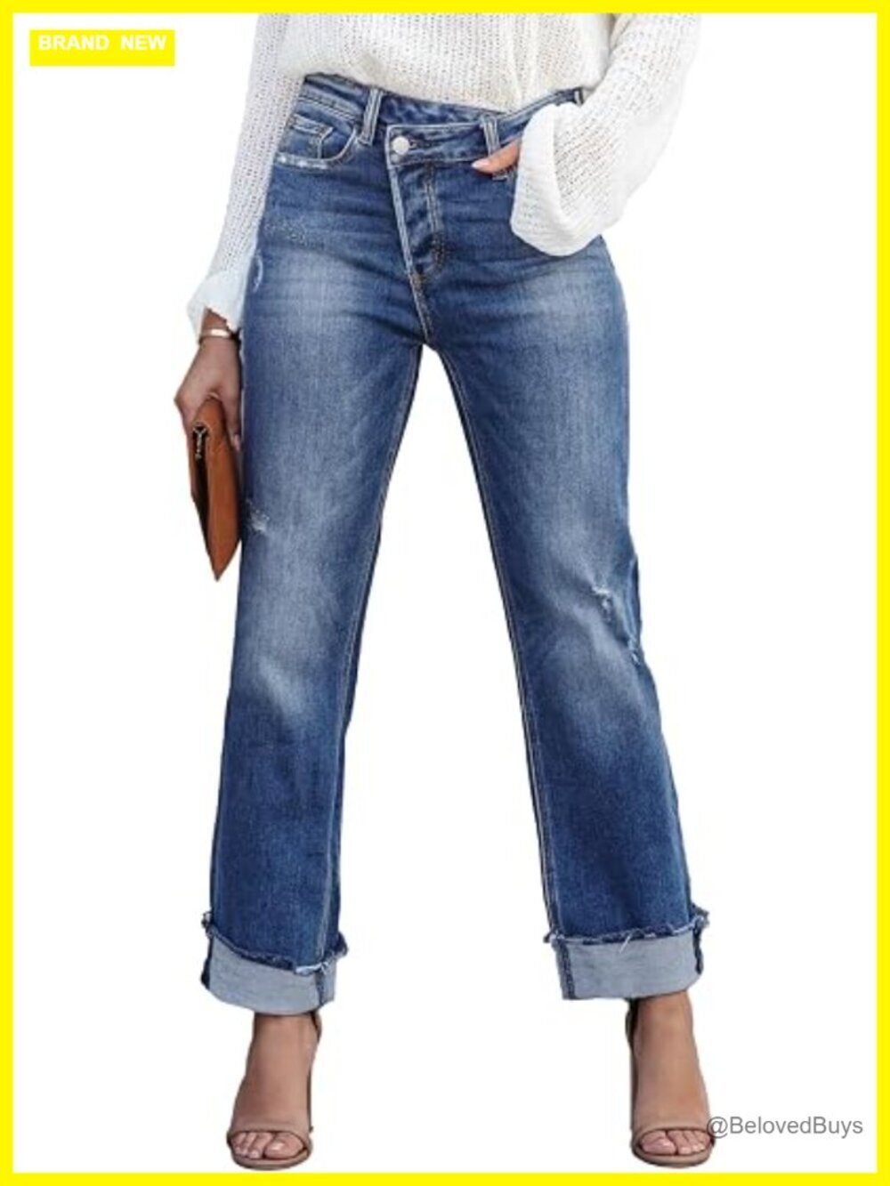 High Waisted Crossover Boyfriend Jeans Distressed Stretchy Denim